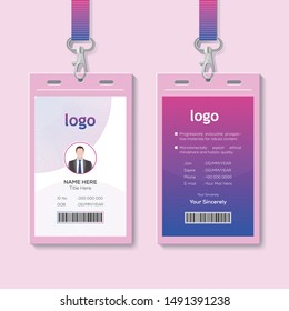 Identification card vector illustration. Blank plastic access card, name tag holder with pin ribbon, corporate card key, personal security badge, press event pass template.