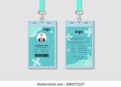 Identification card vector illustration. Blank plastic access card, name tag holder with pin ribbon, corporate card key, personal security badge, press event pass template.
