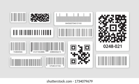Identification code. Barcode for scanning with data scanner, qr code for smartphone, monochrome label sticker on packaging, sale of goods with retail information technology. Vector illustration.