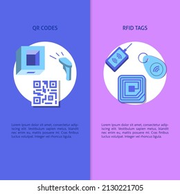 Identification concept banner templates with text. Qr codes and RFID tags symbols. Vector illustration.
