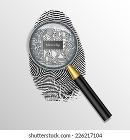 Identification concept. Magnifying glass over finger print with microchip