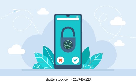 Identification of fingerprint on smartphone in flat style. Concept of illustration of identification of the user on a fingerprint in the mobile phone. Scannings of a fingerprint. Vector illustration