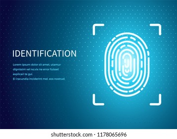 Identification fingerprint poster with text sample vector. Verification and validation scanning. Screen with prints for people to access data, push button