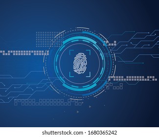 Identification fingerprints poster illuminated data vector. Screen with prints for people to access information. Verification and validation scanning. Vector abstract blue cyber circuit background.