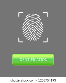 Identification fingerprints poster with print in frame and button. Fingermark and thumbprint authorization of unique personal finger pattern of human