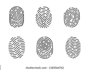 Identification fingerprints sketches set icons vector. Security and prints of fingers to pass access. System of bio recognition, identifying methods