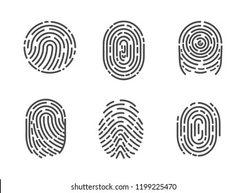 Identification fingerprints sketches set icons vector. Security and prints of fingers to pass access. System of bio recognition, identifying methods