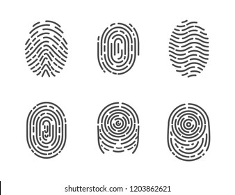 Identification fingerprints sketches set icons vector. Security and prints of fingers to pass access. System of bio recognition, identifying methods