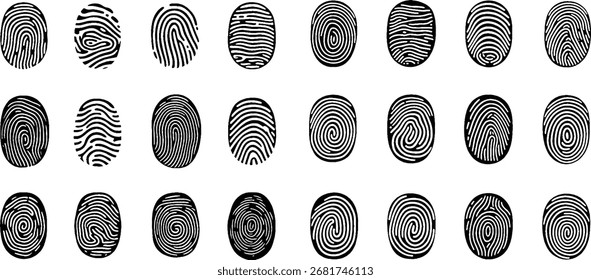 Identificação impressões digitais esboços definir ícones vetor. Segurança e impressões de dedos para passar o acesso. Sistema de bioreconhecimento, métodos de identificação