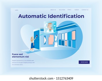 Automatiс Identification Horizontal Banner, Woman Stand at Door with Automatically Identifying Objects Device Flat Vector Illustration