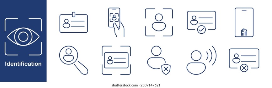 Icono de Identificación. Insignia, teléfono inteligente, ampliación, verificación, rechazo, escaneo, huella digital, usuario, seguridad, autenticación, perfil, ID, tarjeta, Identificación, identidad, reconocimiento, validación