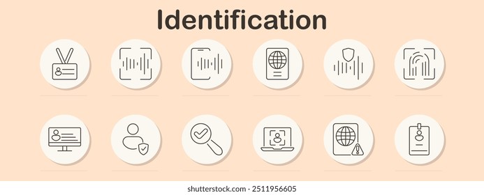 Icono de Identificación. Verificación biométrica, tarjeta de identificación, escaneo de huellas dactilares, verificación de seguridad, pasaporte, reconocimiento facial, identidad de control de acceso, información personal, autenticación, seguridad digital