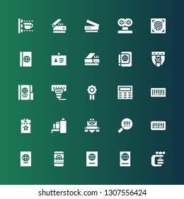 identification icon set. Collection of 25 filled identification icons included Vise, Passport, Fingerprint scan, Barcode, Badge, Scanner, Vip pass, Keypad, ID, Scan