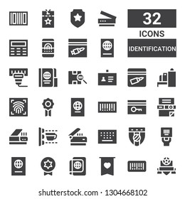 identification icon set. Collection of 32 filled identification icons included Badge, Barcode, Passport, Keypad, Scanner, Scan, Key card, Fingerprint scan, Evidence, ID, Vip pass