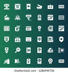 identification icon set. Collection of 36 filled identification icons included Barcode, Badge, Passport, Vip pass, Scanner, Scan, Keypad, Identity, Evidence, Key card, Vise, Fingerprint scan