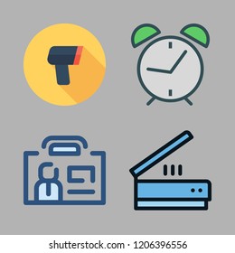 identification icon set. vector set about alarm clock id, id card and scanning icons set.