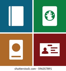 identification icons set. Set of 4 identification filled icons such as passport