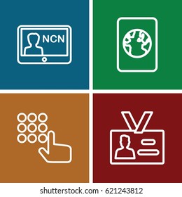 Identification icons set. set of 4 identification outline icons such as badge, passport