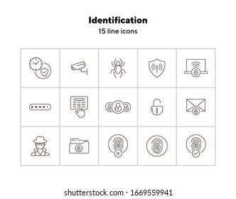 Iconos de línea de identificación. Conjunto de iconos de línea. Araña, sobre con candado. Concepto de seguridad en Internet. La ilustración vectorial puede utilizarse para temas como seguridad de la información, informática