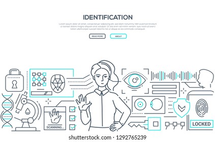 Identification - modern line design style web banner on white background with copy space for text. High quality linear composition with a woman undergoing and fingerprint scanning, face recognition