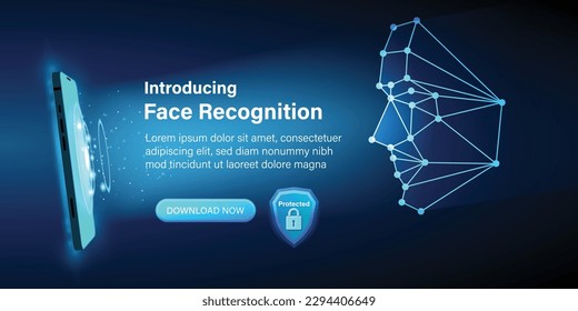 Identification of a person through facial and face recognition technology. The smartphone scans a person's face and create a polygonal mesh conposed of lines and dots. Vector illustration.