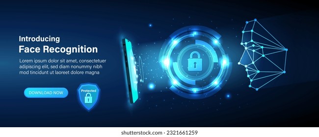 Identification of a person through facial and face recognition technology. The smartphone scans a person's face and creates a polygonal mesh composed of lines and dots. Vector illustration.