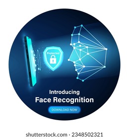 Identifikation einer Person durch Gesichtserkennungstechnologie. Das Smartphone scannt das Gesicht einer Person und erzeugt ein polygonales Netz aus Linien und Punkten. Vektorgrafik.