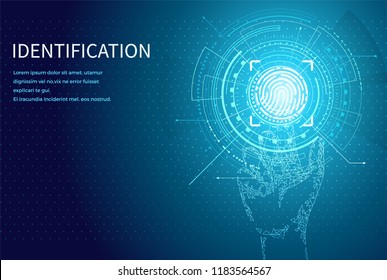 Identification personal identity fingerprint poster with digital data screen and text vector. Fingermark and thumbprint authorization of unique human finger
