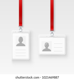 Identification personal plastic id card. Empty ID badge design with clasp and lanyard. Vector illustration isolated on transparent background