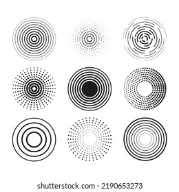 Identification process. Abstract background. Black rings sound wave and line with points in a circle. Sound wave wallpaper. Radio station signal. Circle spin vector set.