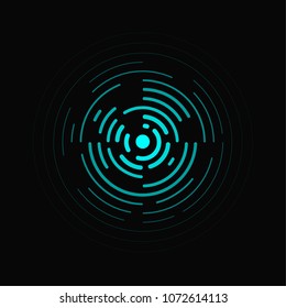 Identification process. Abstract background. Blue rings sound wave and line in a circle. Sound wave wallpaper. Radio station signal. Circle spin vector background.