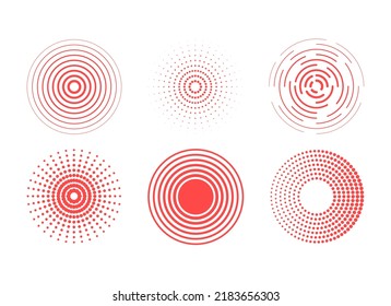 Proceso de identificación. Antecedentes abstractos. Los anillos rojos suenan una ola y una línea con puntos en un círculo. Fondo de pantalla de ondas sonoras. Señal de la estación de radio. Conjunto de vectores de giro circular.