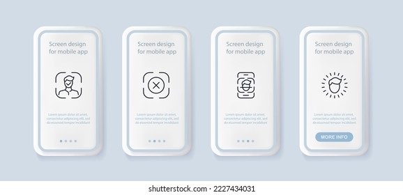 Identification set icon. Biometrics, face ID, face recognition, speech, fingerprints, palm scanner, DNA. Personal data, verification. Authentication concept. Ui phone up screen. Neomorphism style