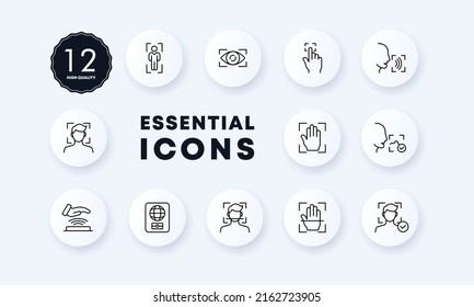 Identification set icon. Biometrics, fingerprint recognition, voice recognition, nfs, foreign passport, etc. Authentication concept. Neomorphism style. Vector line icon for Business and Advertising