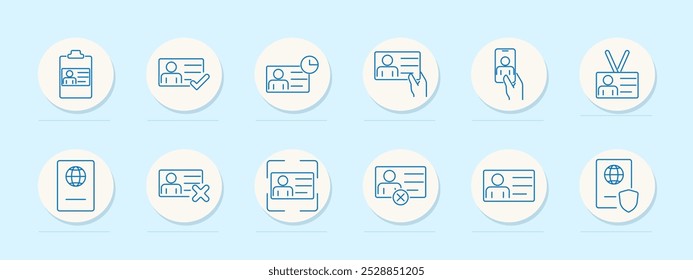 Ícone do conjunto de identificação. Área de transferência, documento de identificação verificado, relógio, identificação pessoal, dispositivo móvel, cordão, recusado, passaporte com cruz, documento de identificação verificado, passaporte com ecrã.