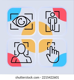 Identification set icon. DNA, rna, face recognition, two factor verification, fingerprint, biometrics, pulse, face ID. Authentication concept. Neomorphism style. Vector line icon