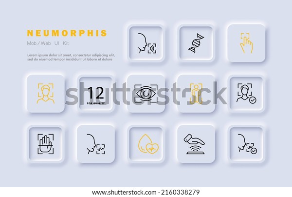 Identification set icon. DNA, rna, face\
recognition, two factor verification, fingerprint, biometrics,\
pulse, face ID. Authentication concept. Neomorphism style. Vector\
line icon for\
Business