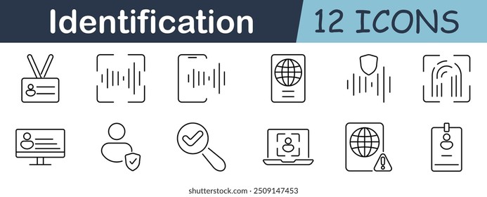 Icono de conjunto de Identificaciones. Ojo, tarjeta de identificación, huella digital, escaneo, cara, usuario, lupa, escudo, perfil, seguridad, identidad, verificación.