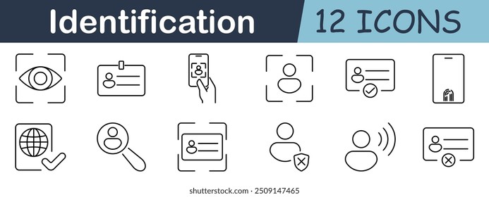 Icono de conjunto de Identificaciones. Ojo, tarjeta de identificación, huella digital, escaneo, cara, usuario, lupa, escudo, perfil, seguridad, identidad, verificación.