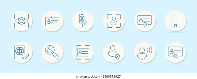 Identification set icon. Eye, ID card, smartphone, user, fingerprint, verification, globe, magnifying glass, shield, security, profile, recognition, personal data, login, access, authentication