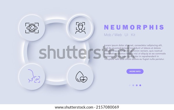 Identification set icon. Face recognition,\
voice recognition. Authentication, heart, heartbeat, etc.\
Biometrics concept. Neomorphism style. Vector line icon for\
Business and\
Advertising