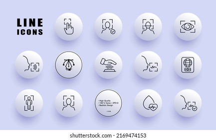 Identification set icon. Fingerprint, face ID, scanning, speech recognition, passport, pulse, cardiology, heartbeat. Biometry concept. Neomorphism style. Vector line icon for Business and Advertising