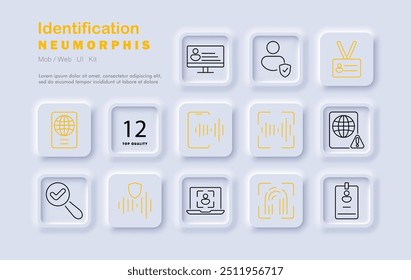 Identification set icon. ID card, profile, fingerprint, security, scan, check, validation, verification, digital identity, neomorphic style, authentication