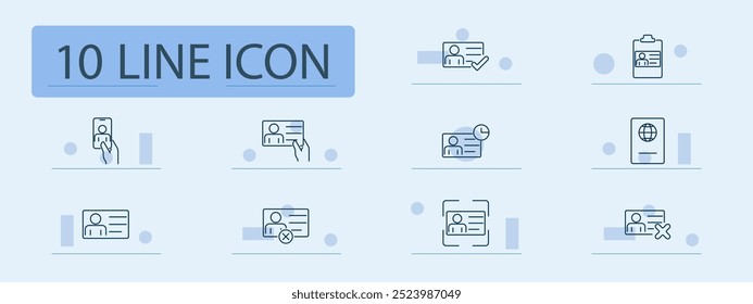 Ícone do conjunto de identificação. Cartão de identidade, passaporte, área de transferência, verificação, perfil do usuário, credenciais, revisão, documento, aprovação, perfil, aplicativo, licença, autenticação, rejeição, foto, pessoal.