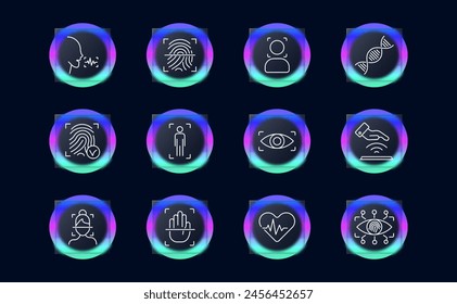 Identification set icon. Voice, analysis, recognition, fingerprint, scanning, verification, DNA, signal, eye, ocular retina, analysis, heartbeat, hand, face, face ID, glassmorphism, human silhouette.