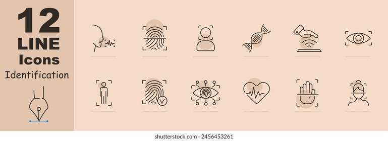 Identification set icon. Voice, analysis, recognition, fingerprint, scanning, verification, DNA, signal, eye, ocular retina, analysis, heartbeat, hand, face, face ID, success, human silhouette.