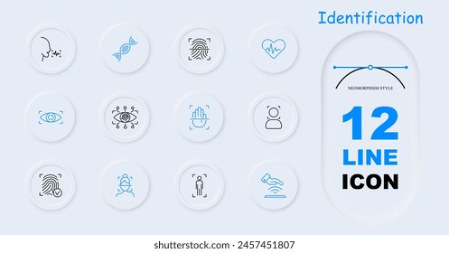 Identification set icon. Voice, analysis, recognition, fingerprint, scanning, verification, DNA, signal, eye, ocular retina, analysis, heartbeat, hand, face, face ID, neomorphism, human silhouette.