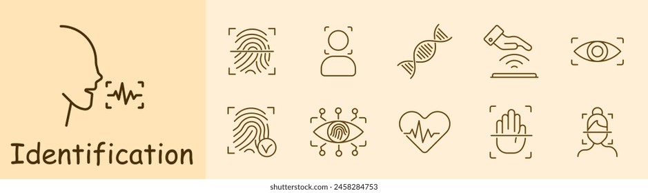 Identification set icon. Voice, analysis, recognition, fingerprint, scanning, verification, DNA, signal, eye, ocular retina, analysis, heartbeat, hand, face, face ID, success, human silhouette.