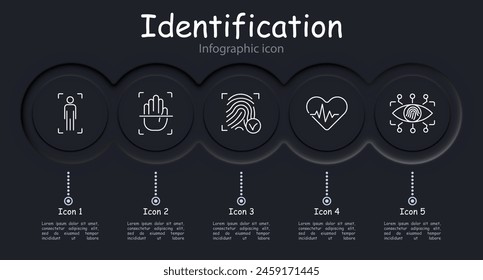 Identification set icon. Voice, analysis, recognition, fingerprint, scanning, verification, DNA, signal, eye, ocular retina, analysis, heartbeat, hand, infographic, success, neomorphism.