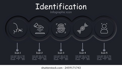 Identification set icon. Voice, analysis, recognition, fingerprint, scanning, verification, DNA, signal, neomorphism, analysis, heartbeat, hand, infographic, face ID, success, human silhouette.